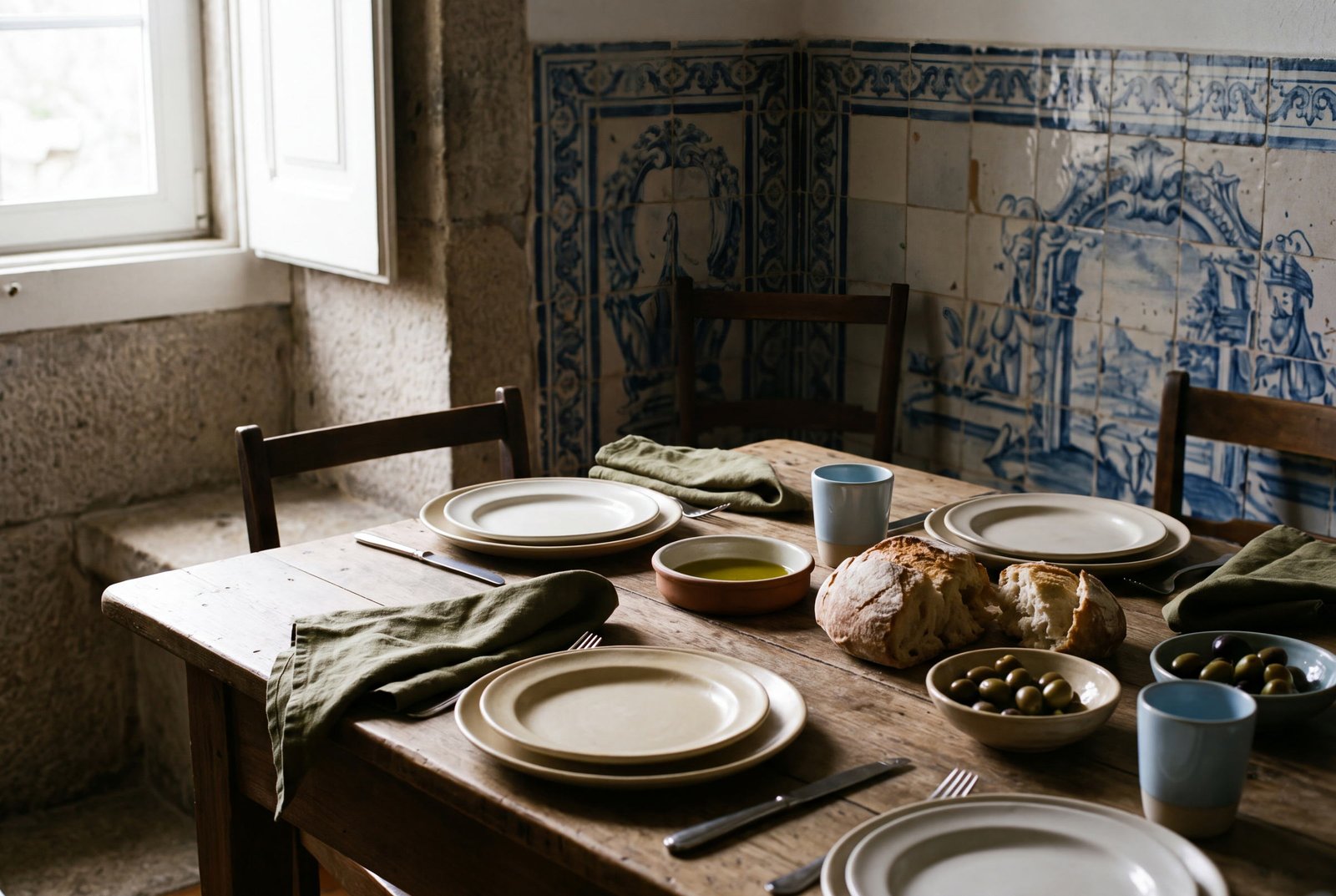 Mesa portuguesa posta, com azulejos