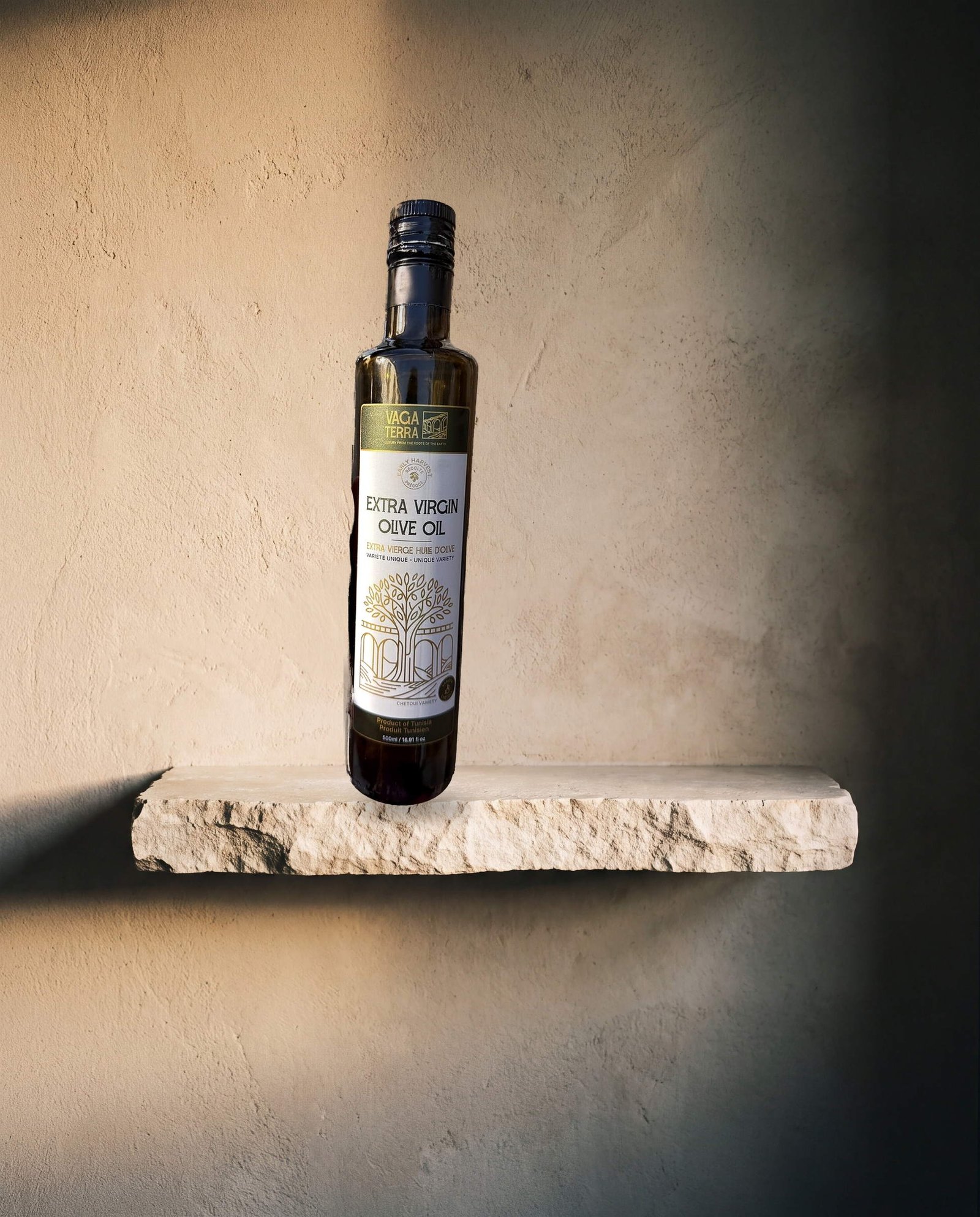 VAGA TERRA bottle on a limestone shelf