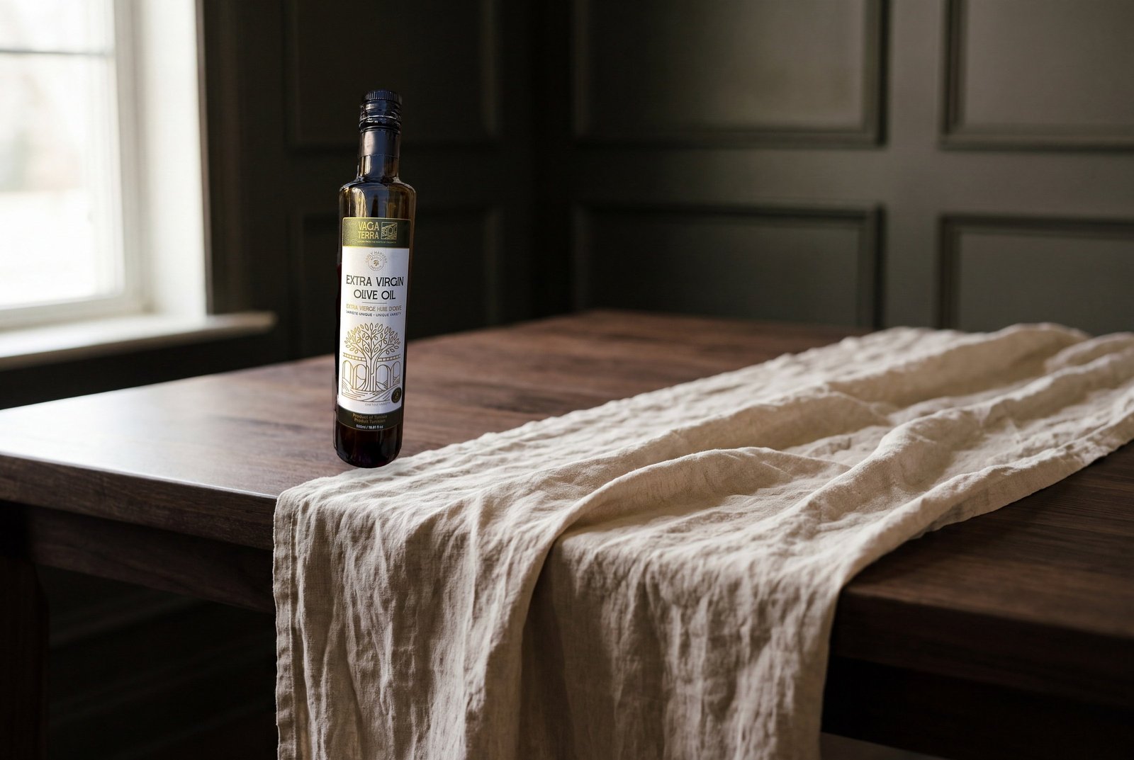 VAGA TERRA bottle on a linen-laid table